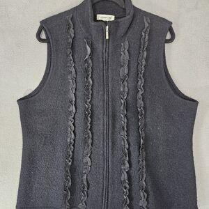 Vintage Coldwater Creek Womens XL Full Zip 100% Wool Vest Ruffles Black
